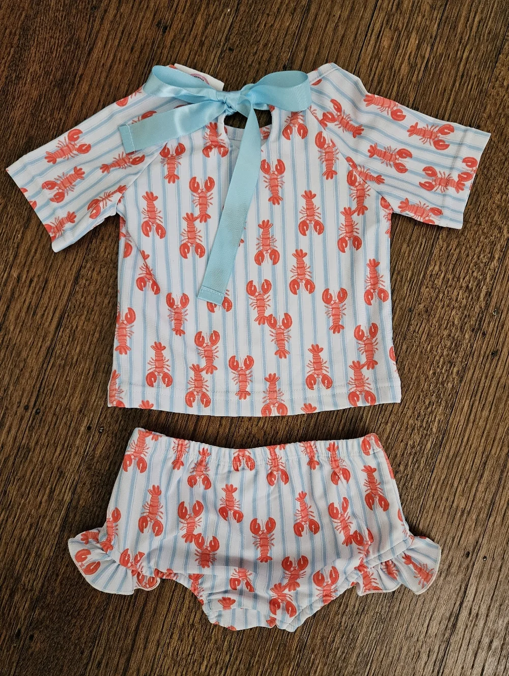 Southern Smocked Company Lobster 2pc Swimsuit Blue/White Stripe 12M